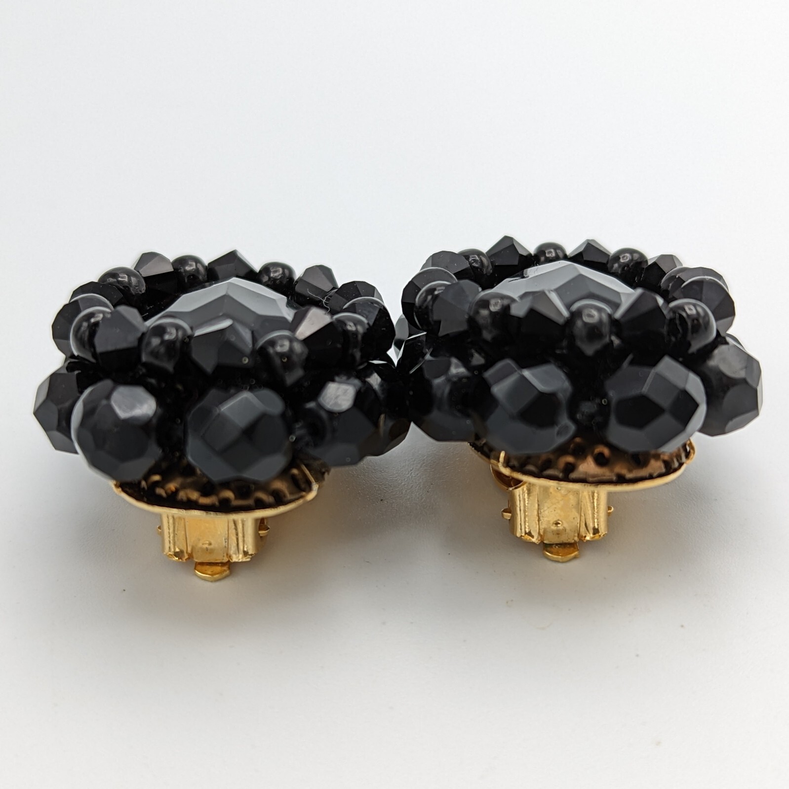 Fazio Black Glass Rhinestone Bead Clip On Earrings 1990s Oval Gold Plated