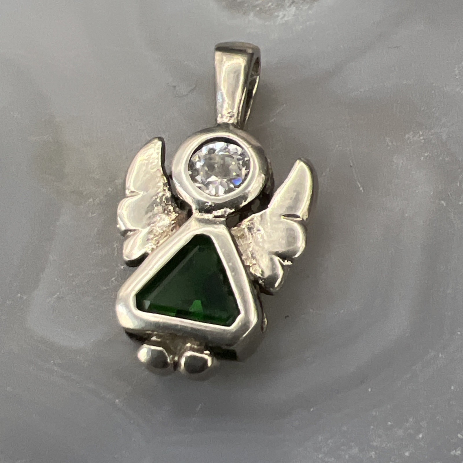 925 Sterling Silver Angel Pendant ~ May Green Birth Stone Girl Woman VTG 1” 2.1g