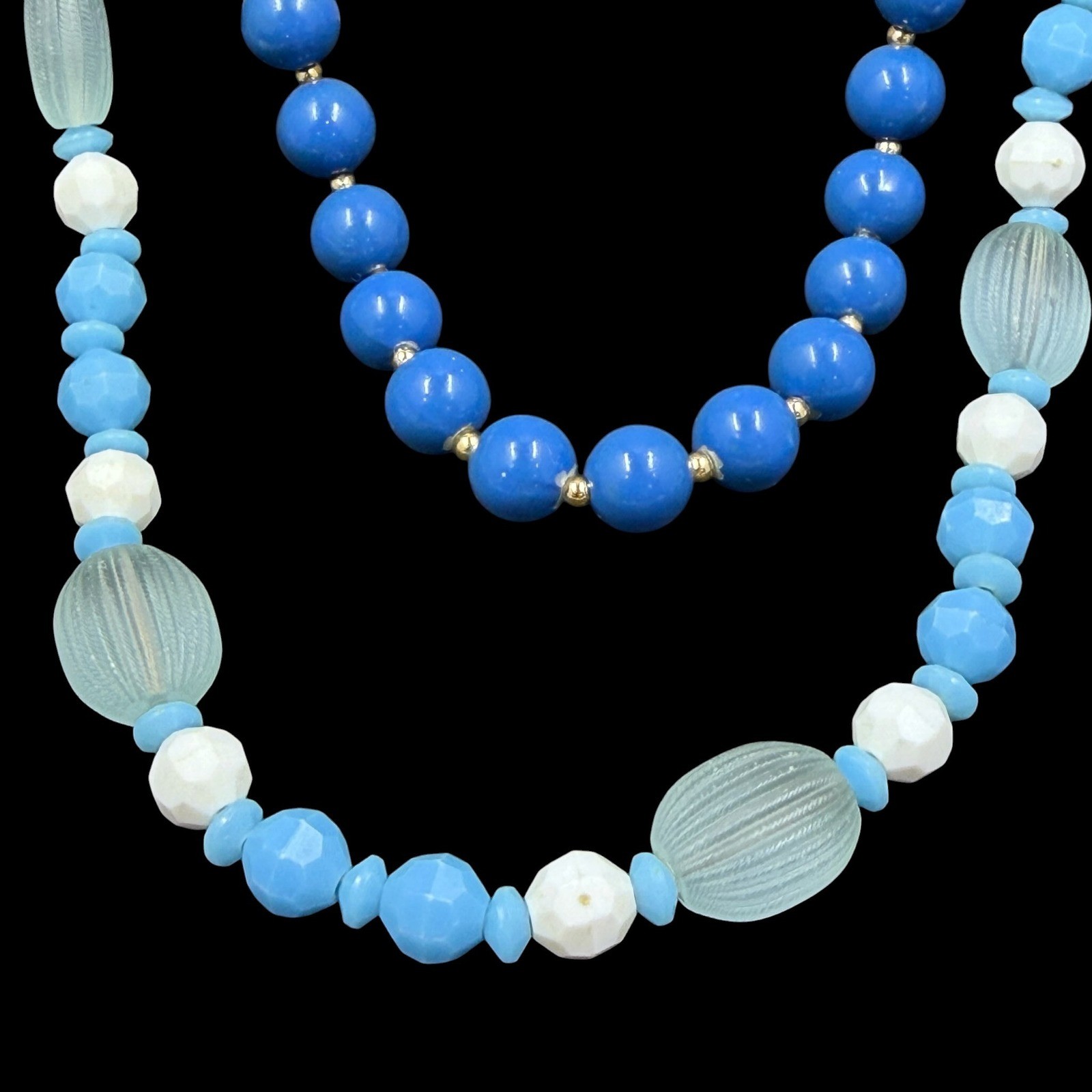Vintage Blue Beaded Necklace Set 2 Strand Bundle Long Layered Coastal Boho