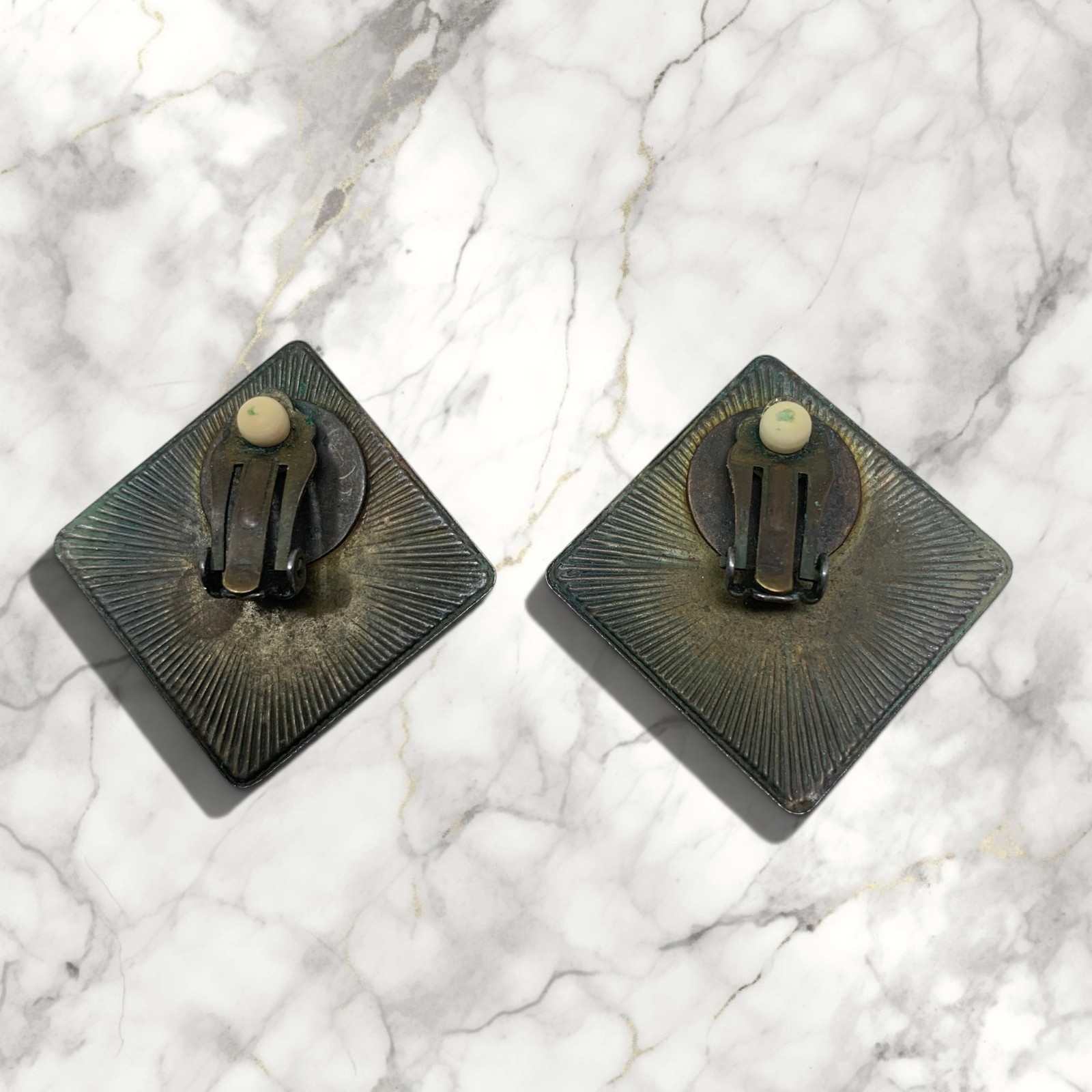 Vintage 1980’s Safari Style Clip On Earrings Geometric Square Resin Statement