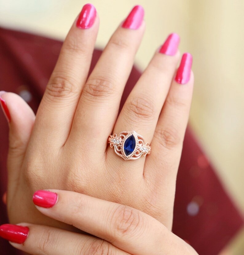 Art Deco 1.2 Ct Blue Sapphire Marquise Cut Lab Diamond Bridal Engagement Ring