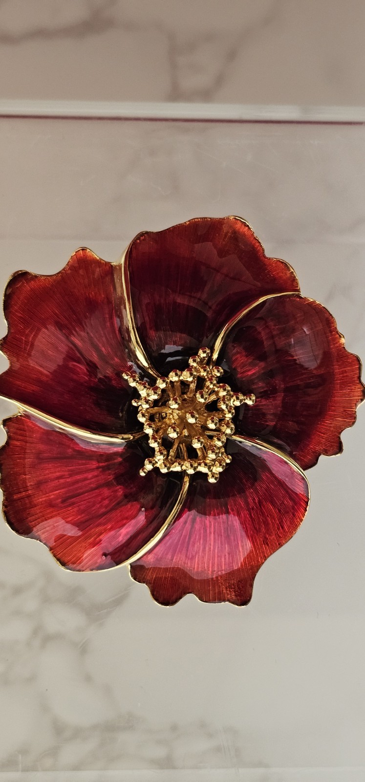 Vintage Red Enamel & Gold Tone Poppy Flower Brooch Pin