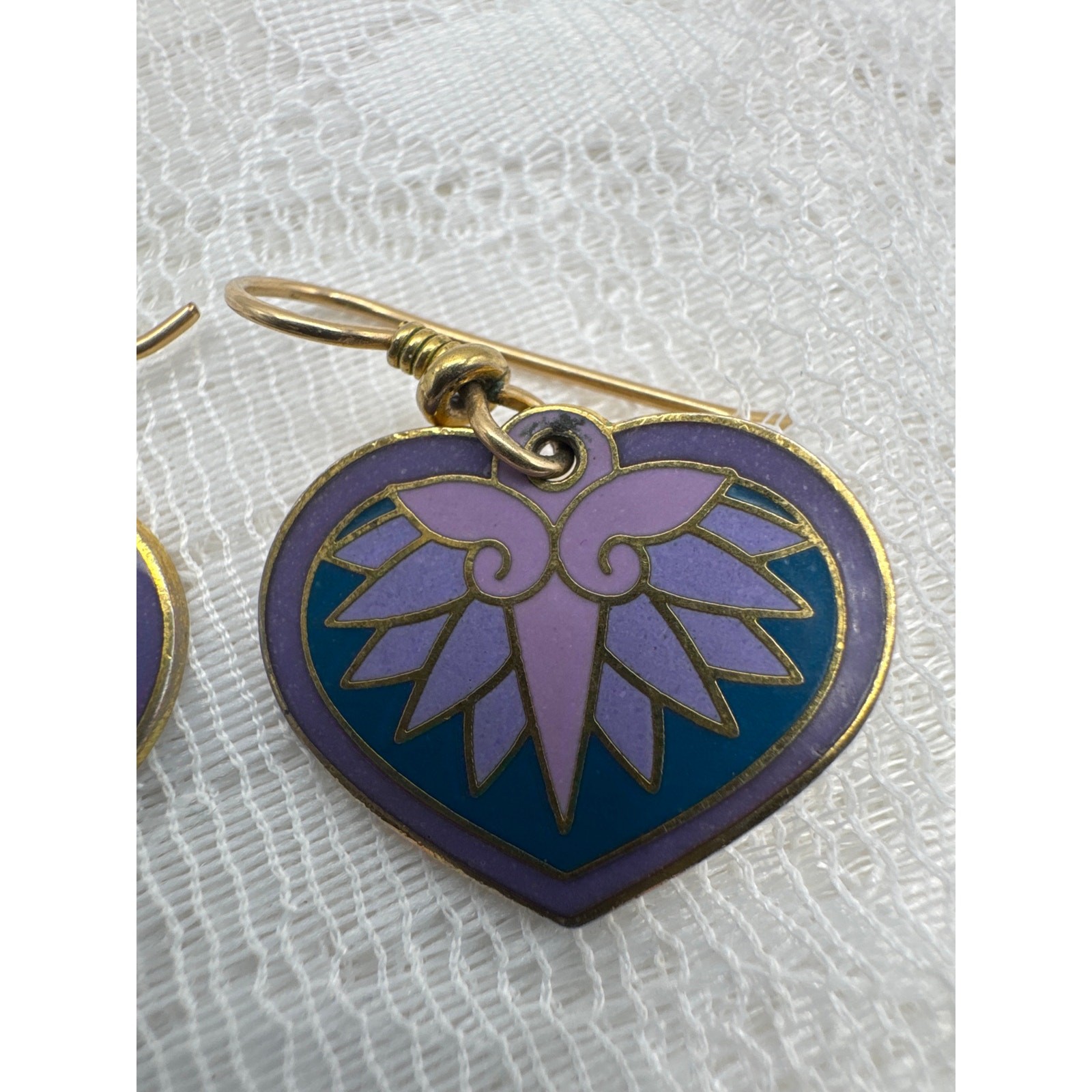 Laurel Burch Hollyhock Flower Hearts Green Pink Cloisonne Earrings Vintage