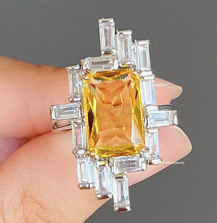 Honey Yellow Emerald Cut Citrine & Baguette CZ Geometric Design 925 Silver Ring