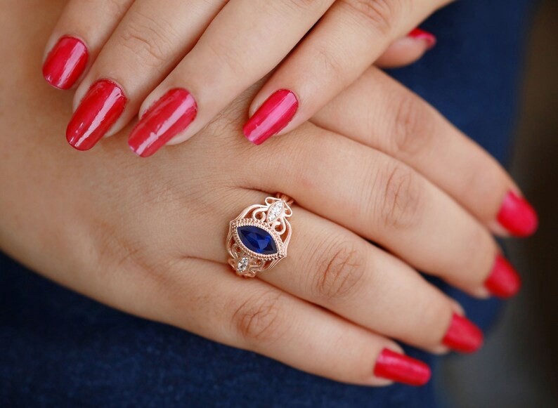 Art Deco 1.2 Ct Blue Sapphire Marquise Cut Lab Diamond Bridal Engagement Ring