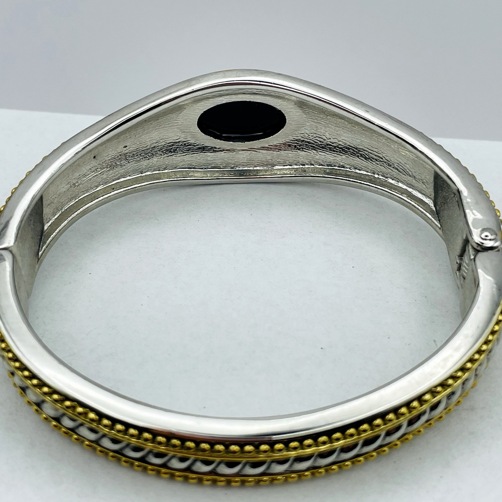 Vintage Silver and Gold Tone Hinged Bangle Bracelet Black Faceted Acrylic Stone