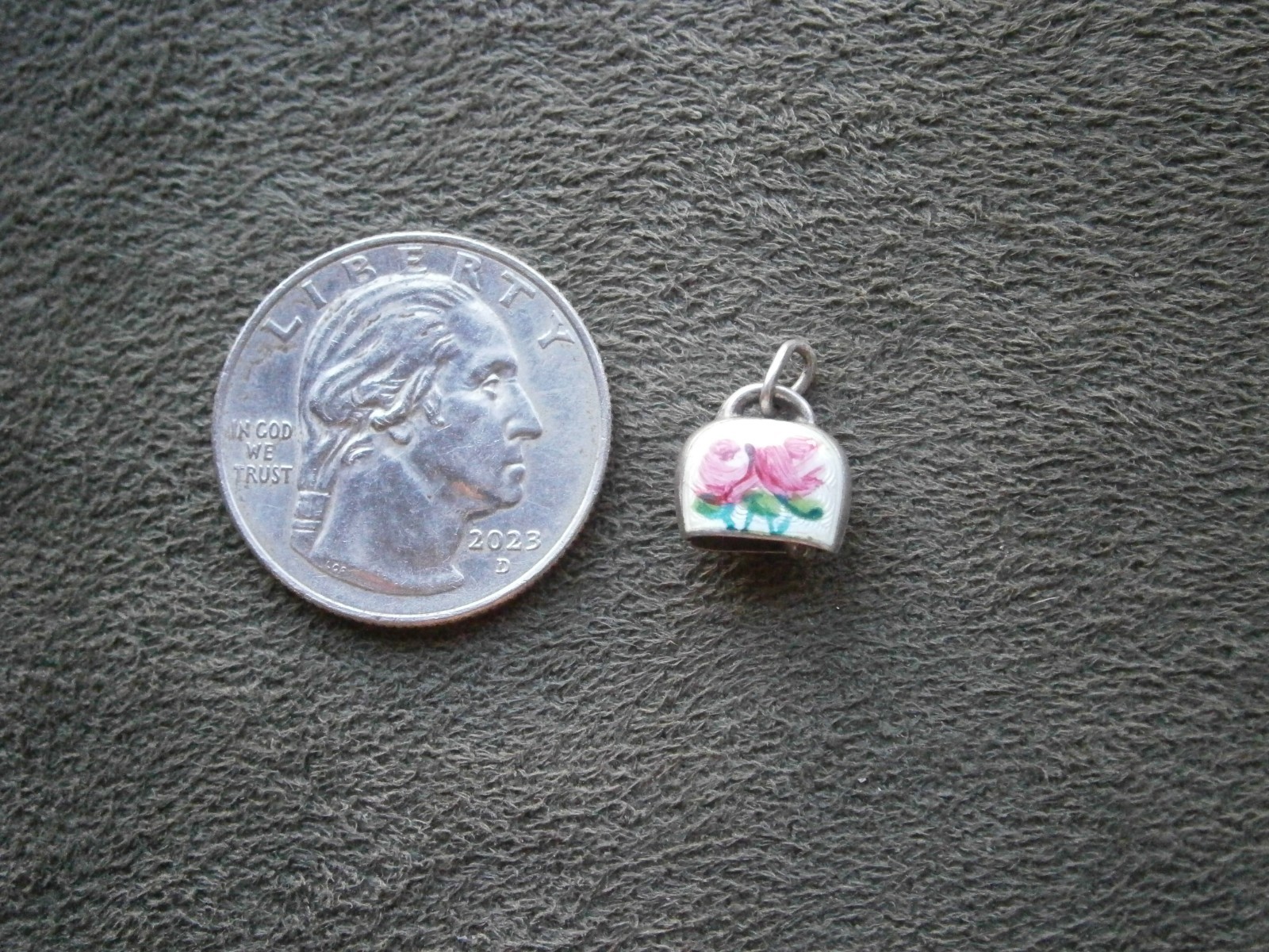 TINY Rose Flowers Cow Bell Vintage 800 Silver Guilloche Enamel Charm Pendant