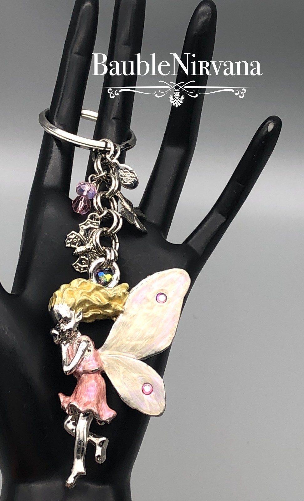 Vintage Kirks Folly Silver Plated Enamel Butterfly Fairy & Charms Key Ring Chain