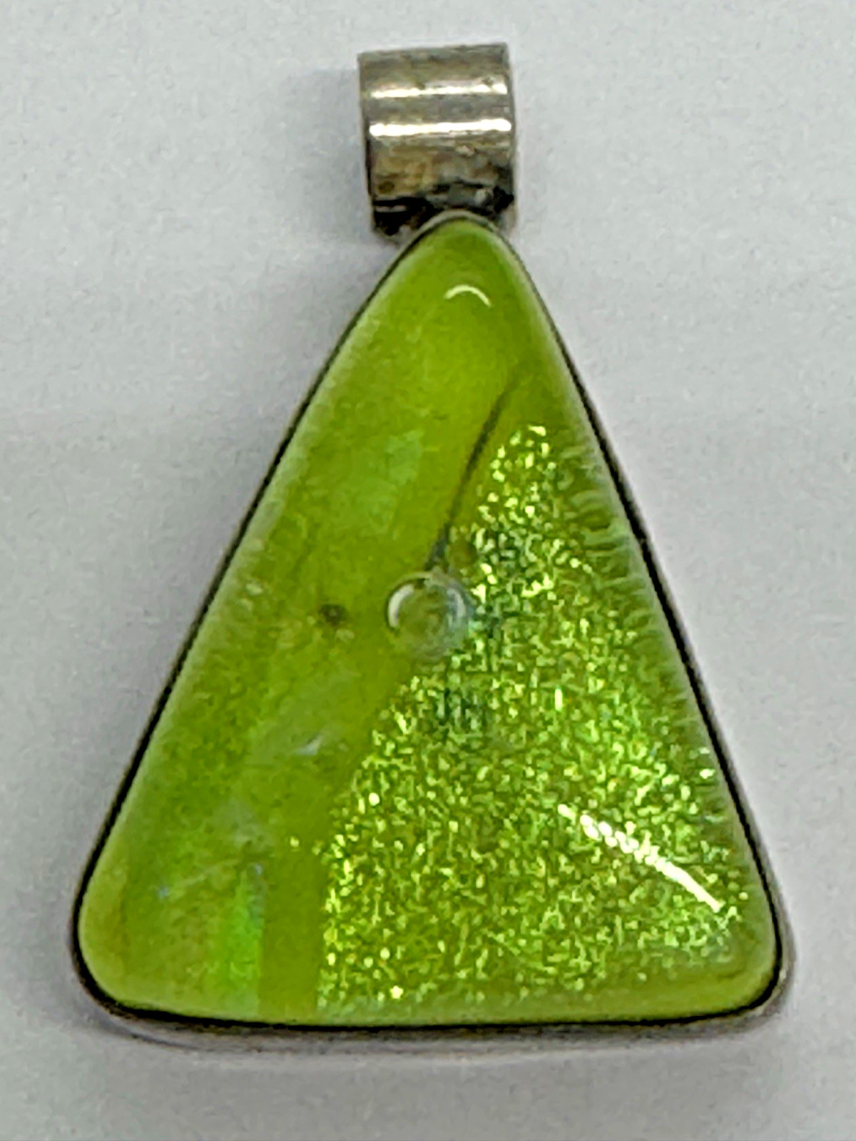 Sterling Silver Fused Lime Green Glass Pendant Triangle 1 1/4″