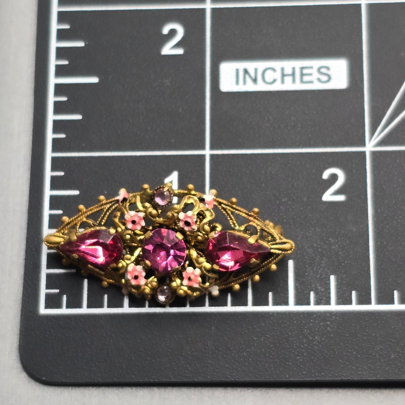 VTG Czecho Pink Rhinestone Brooch 1.5″ Floral Enamel Gold Tone Pressed Metal