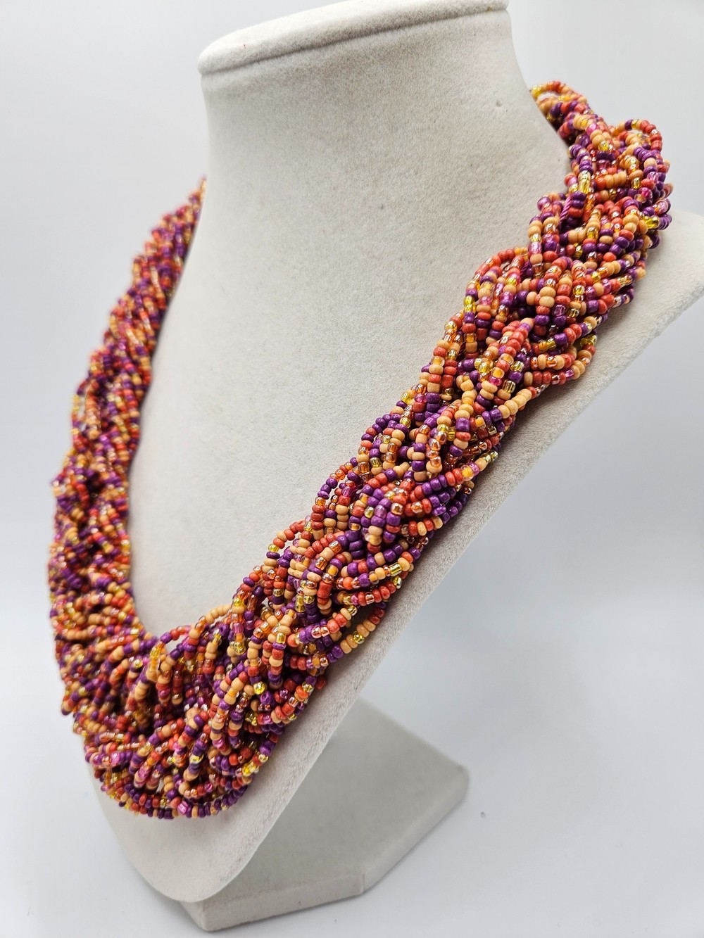 VINTAGE Multicolor Glass Seed Bead Braided Beaded Statement Necklace Boho