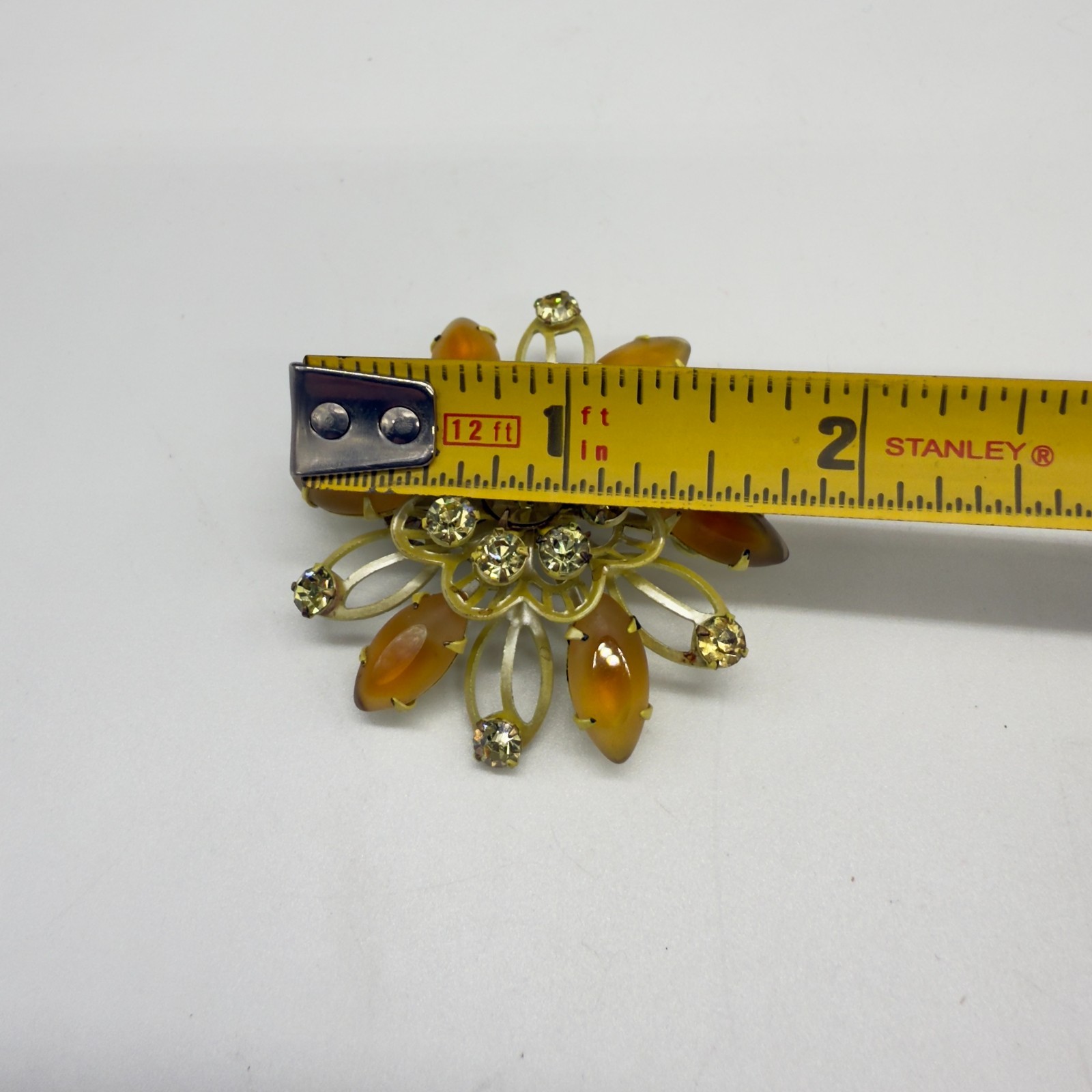 Vintage Enamel Brooch Yellow Flower Pin Dichroic Marquise Petals Rhinestones