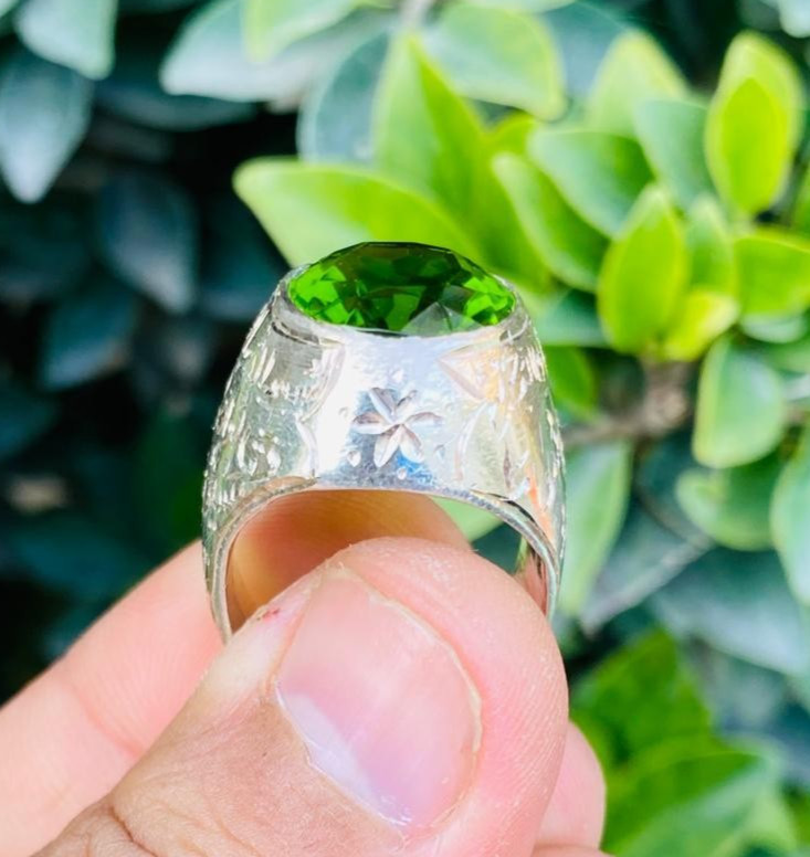 Very Big Peridot Stone Ring Big Vivid Green Peridot For Men Engraved Ring Silver