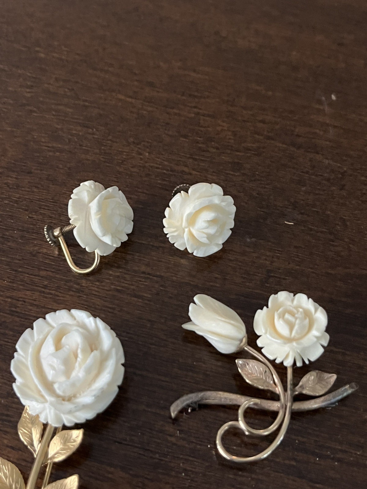 White Faux Ivory And Gold Rose Earrings And (2) Brooch Set