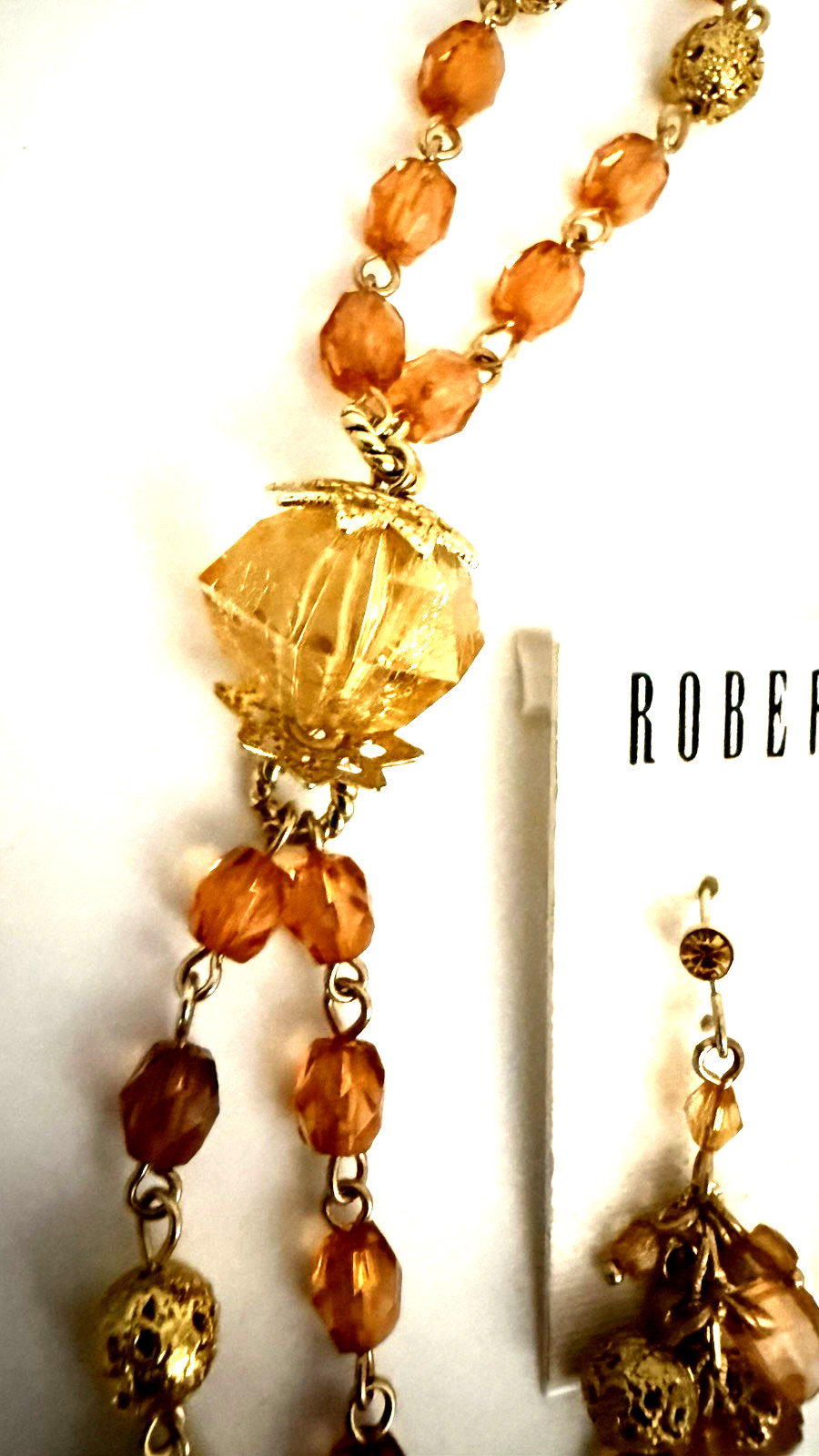 Vintage Robert Rose Gold Tone Amber Honey Beaded Lariat Style Pendant Necklace