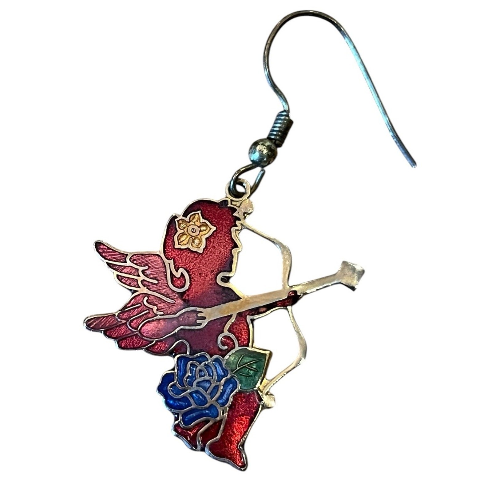 VTG Cloisonné Enamel Earrings Heart Love & Cupid 2” Gold Colored Metal 1980s