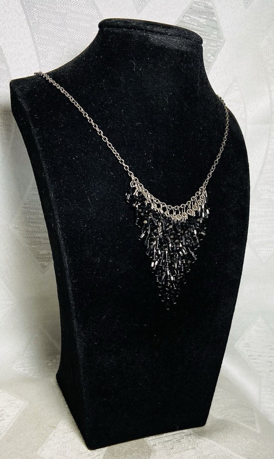 Vintage Black Bugle Bead Fringe Statement Necklace Waterfall Bib Silver Tone 18”
