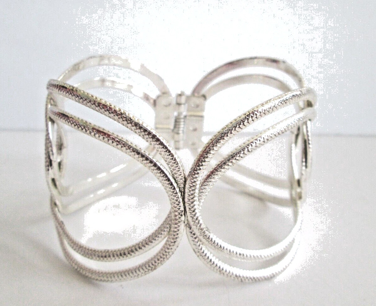 Open Work Scroll Sleeve Bracelet Wide Cuff Silver Tone Hinged 8.5″