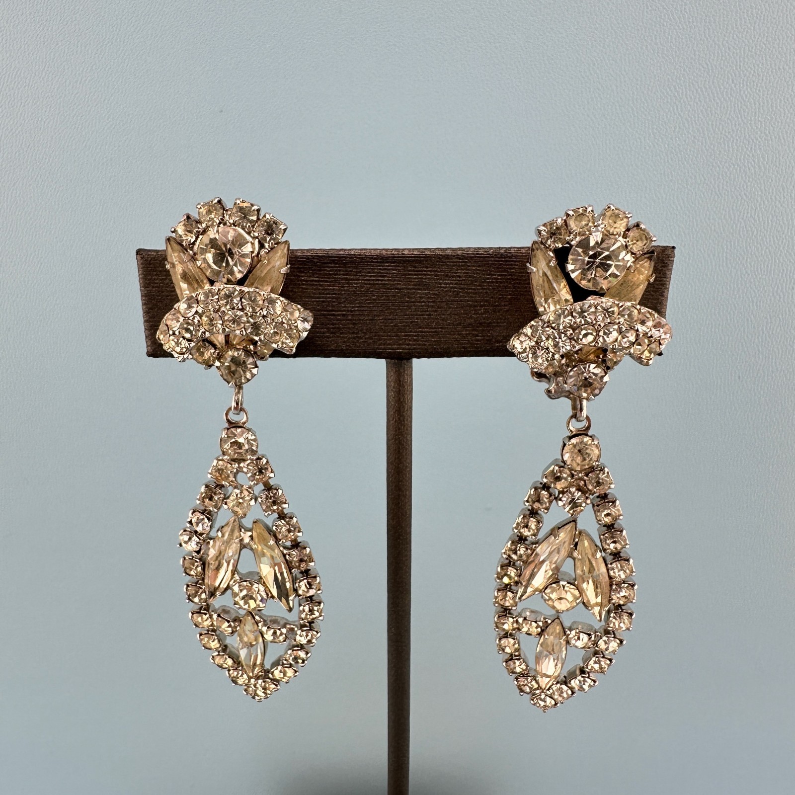 Vintage Rhinestone Earrings Chandelier Drop Clip On Statement Bridal Art Deco