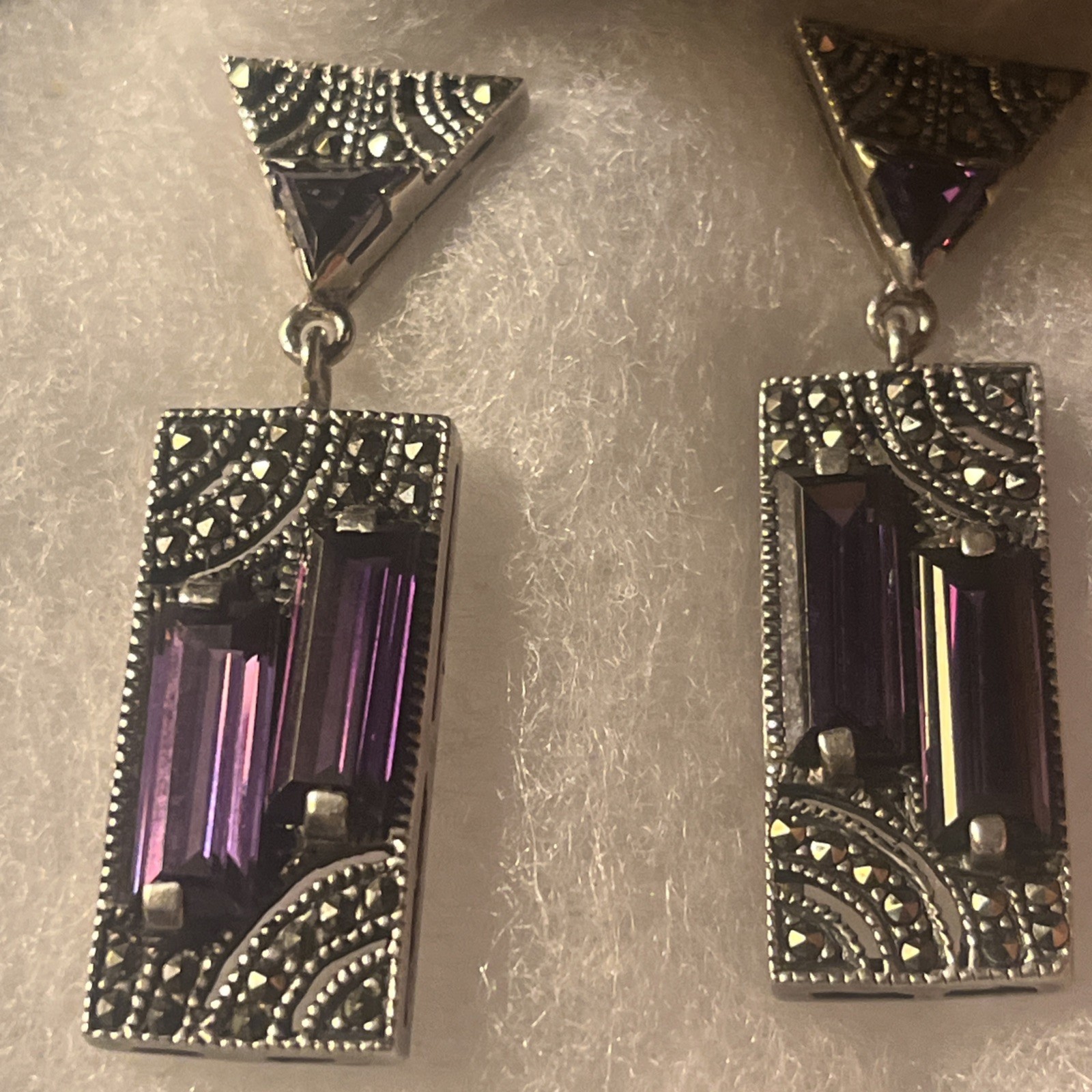 Vintage 925 Sterling Silver Art Deco Revival Amethyst Marcasite Drop Earrings TH
