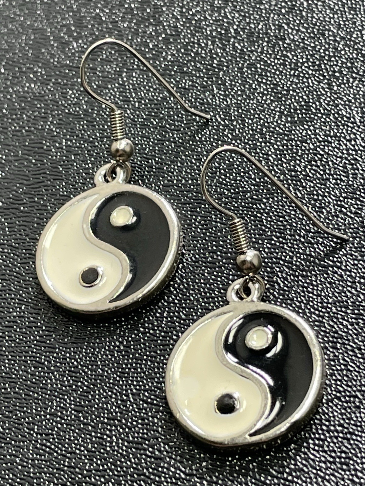 Vintage Yin Yang Silver Tone Dangle Hook Earrings