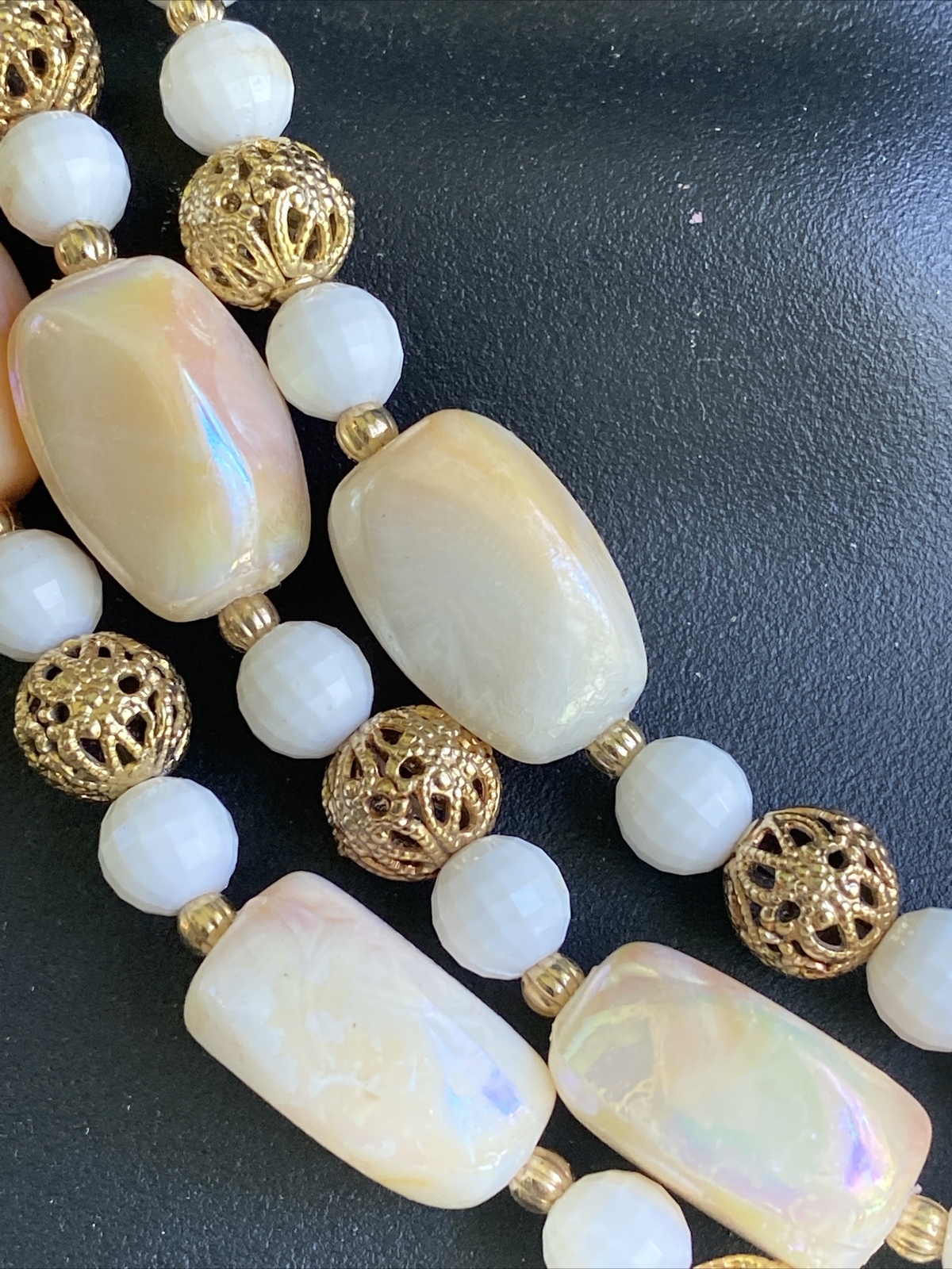 VNTG Signed CORO Triple-Strand OPALESCENT Enamel Beads Filigree Necklace Choker