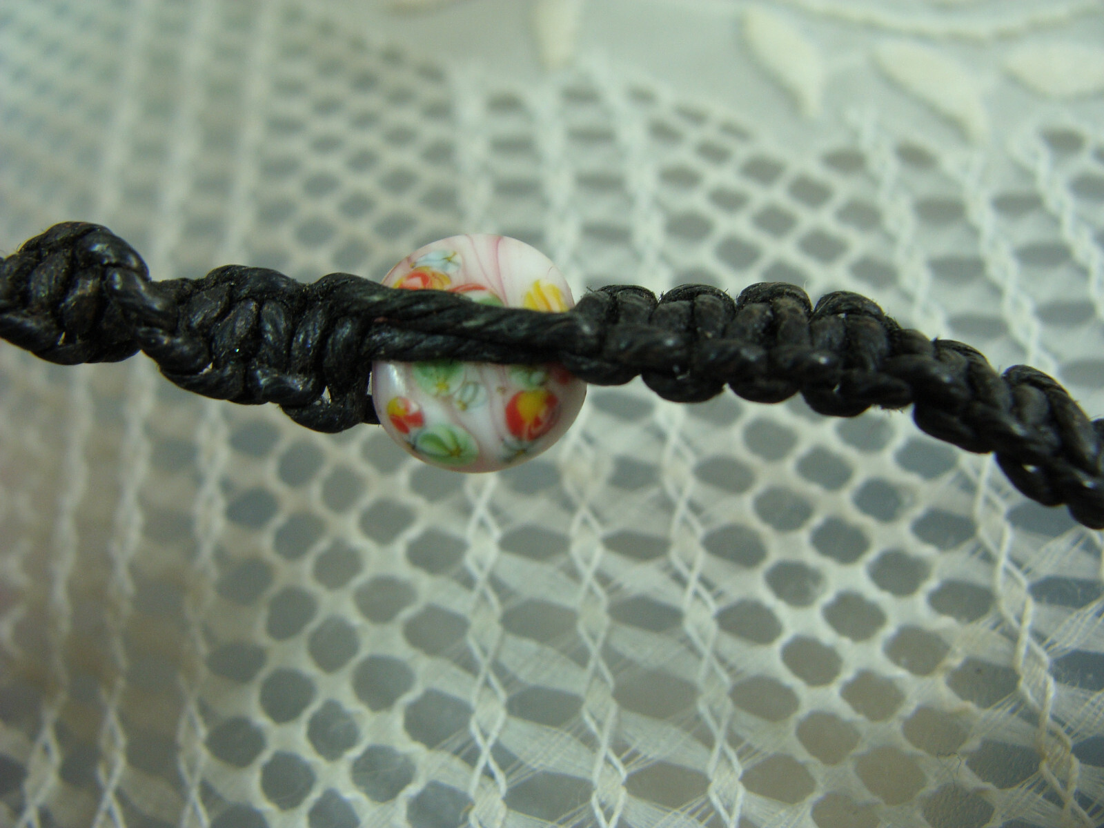 Vtg Millefiori Glass Bead Faux Pearl Hemp Macrame Bohemian Hippy Choker Necklace