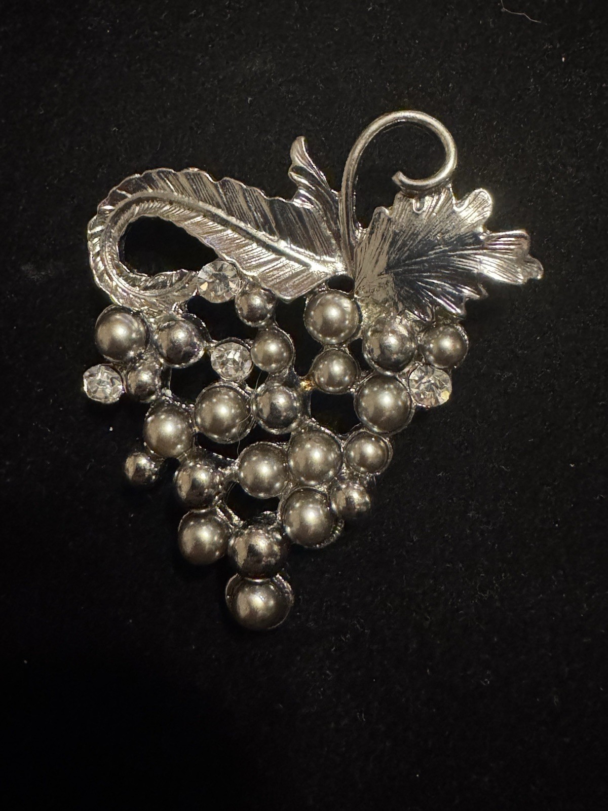 1928 Bunch Of Grapes Brooch, Metal with Faux Gray Pearls and White Rhinestones