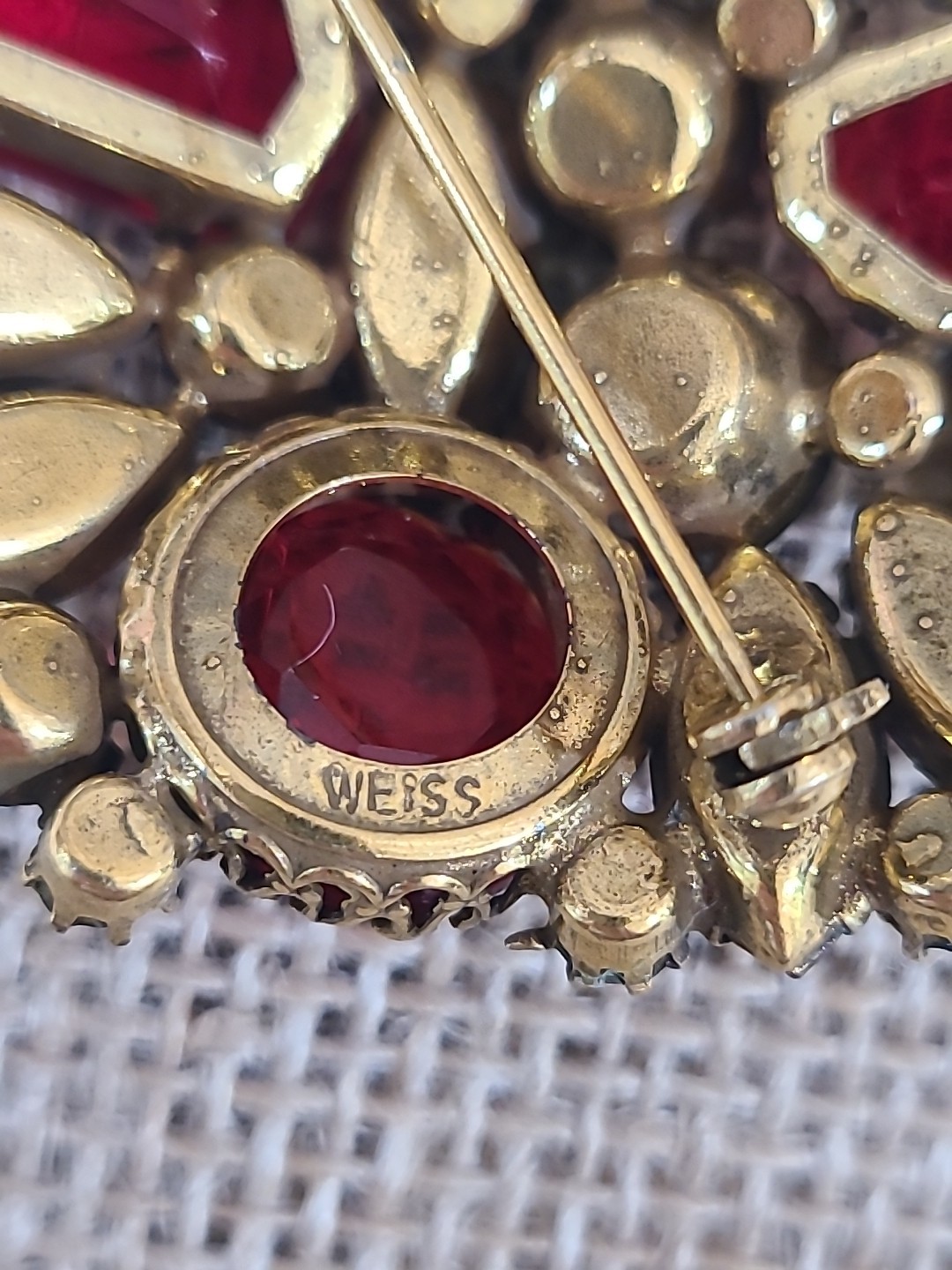 Vintage WEISS Green Red Multi Rhinestones Gold Tone Brooch Signed Estate Costume