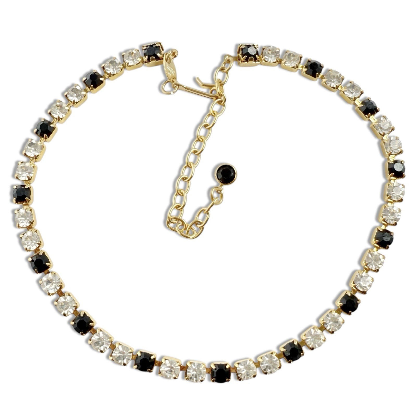 Vintage Trifari Black & Clear Rhinestone Tennis Choker Necklace Goldtone