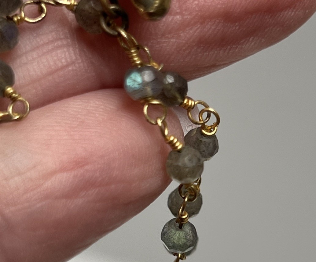 Vintage Dainty Labordorite Chain Necklace Paua Shell Pendant Gold Tone 16”