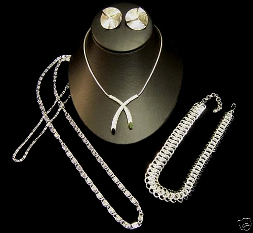 Lot of 3 Necklaces 17″, 25.5″ 15″ and 1 Pair Clipback Earrings All in Silvertone