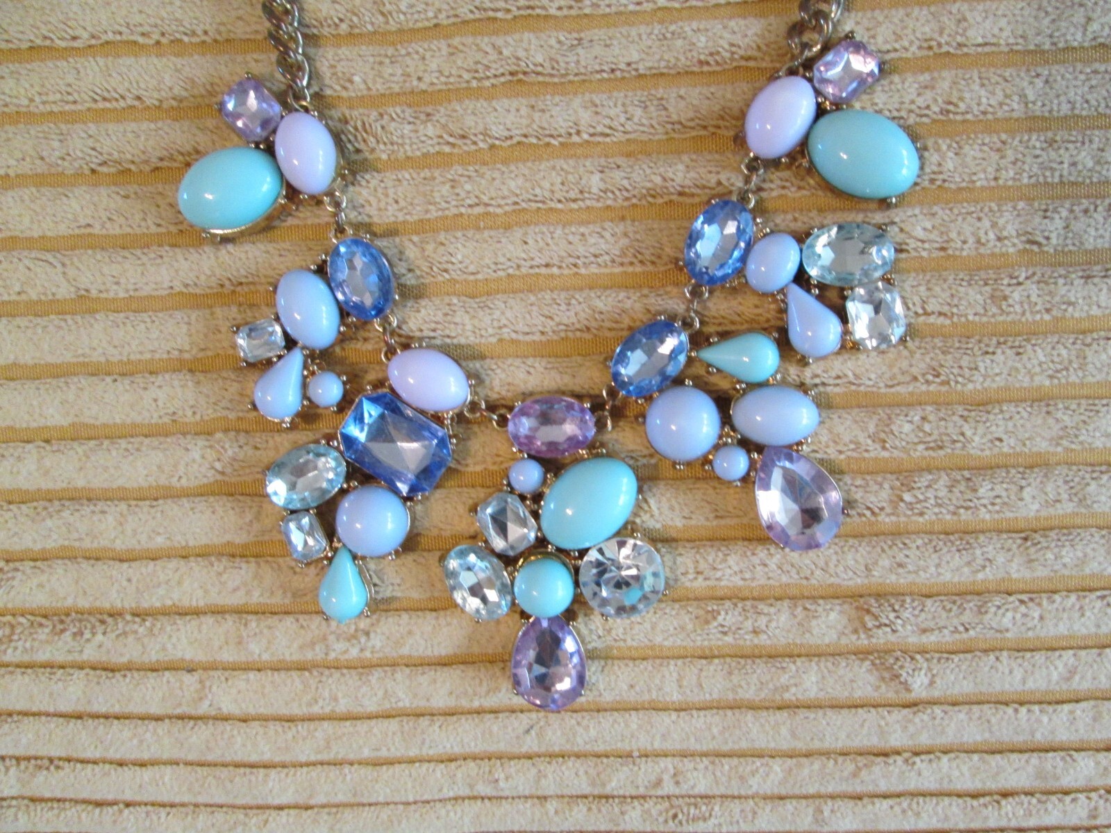 Turquoise blue pink and purple cz and lucite gold tone 20″ statement necklace