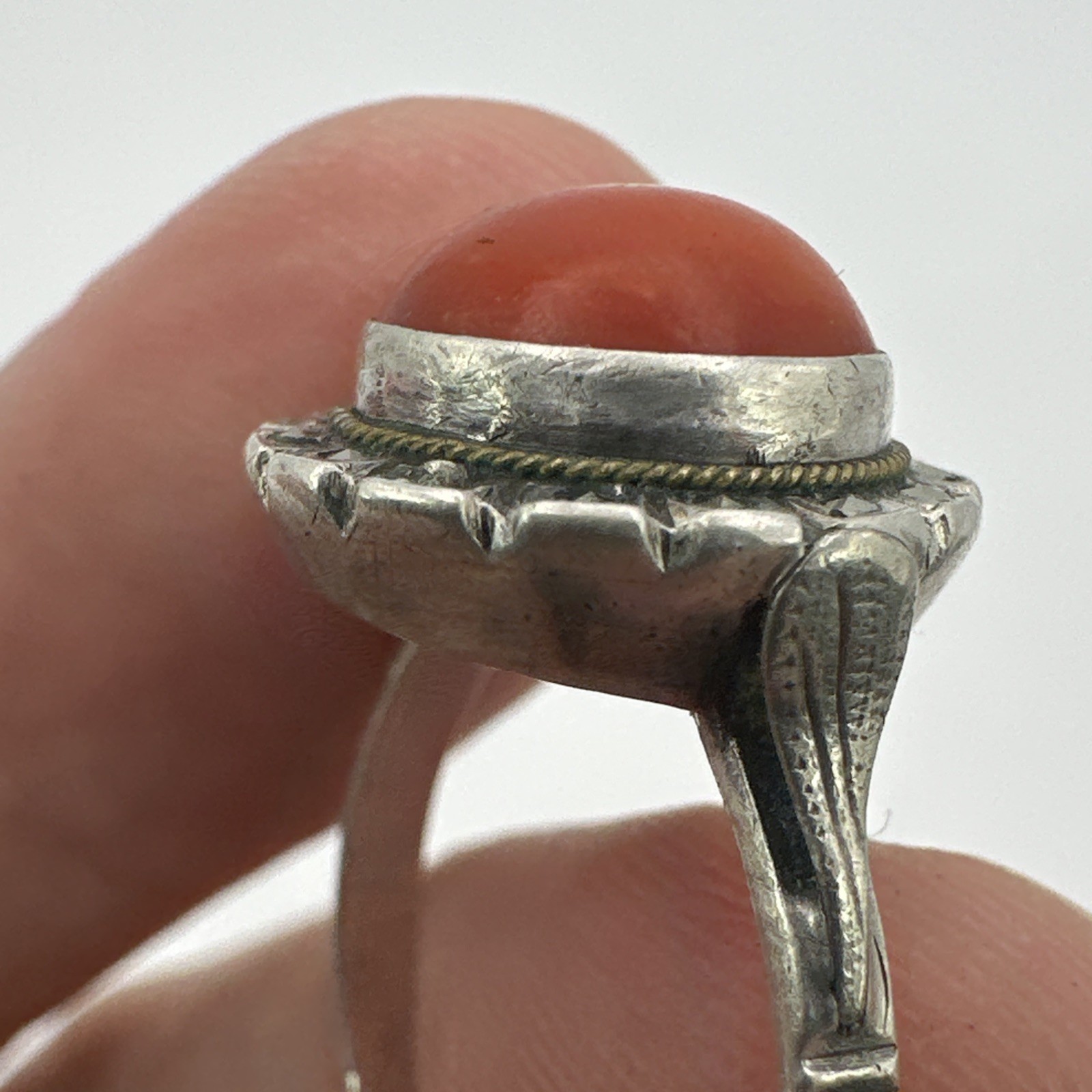 Sterling Silver Coral Marcasite Ring Sz 6 Vintage