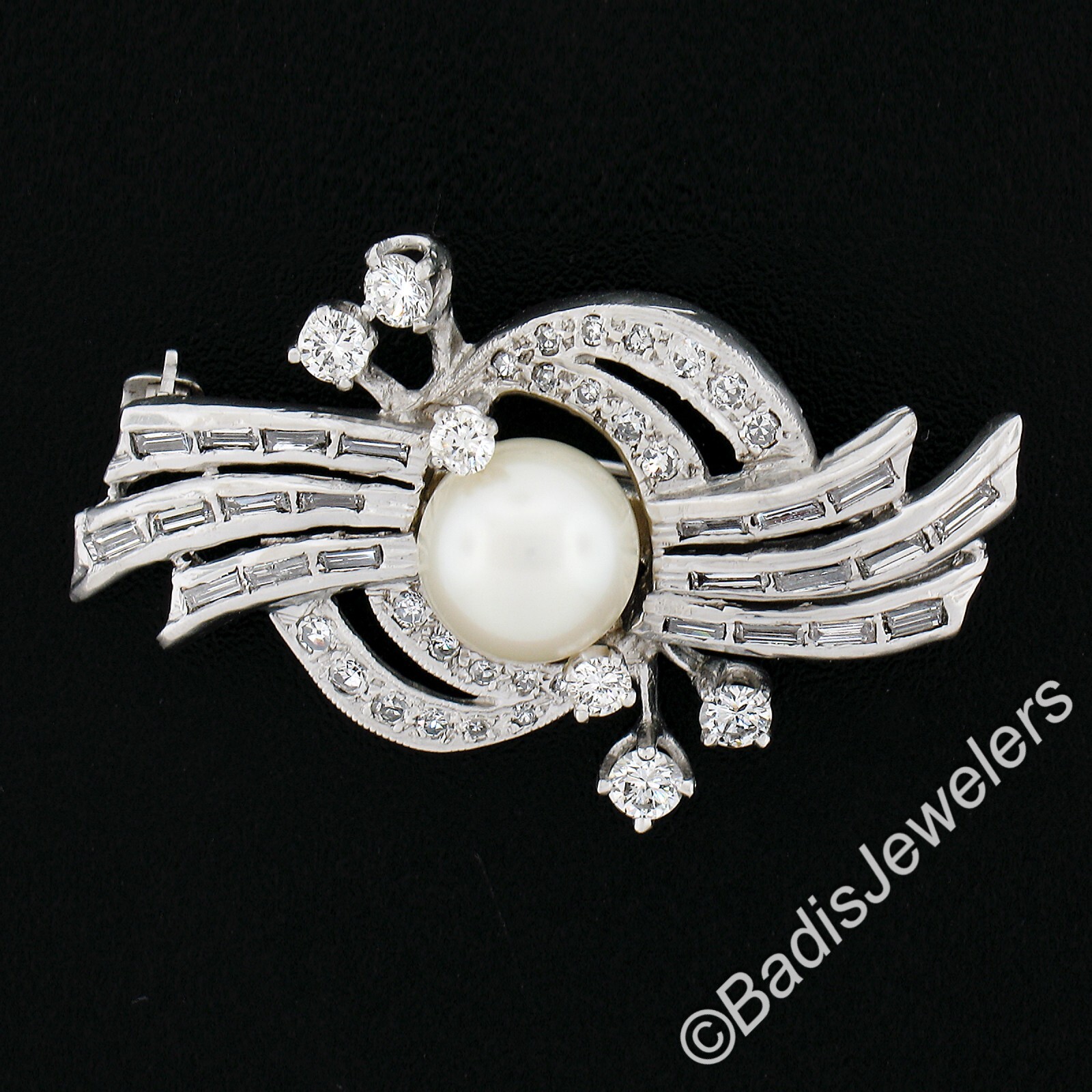 Vintage Mid Century 14K White Gold 1.2ct Diamond & FINE Pearl Cluster Pin Brooch