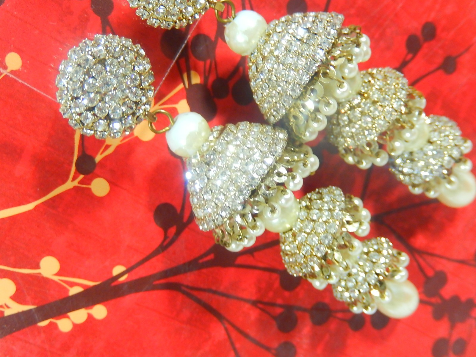 AMAZING 60s VTG DECO RHINESTONE FAUX PEARL 3 TIER CHANDELIER EARRINGS RUNWAY