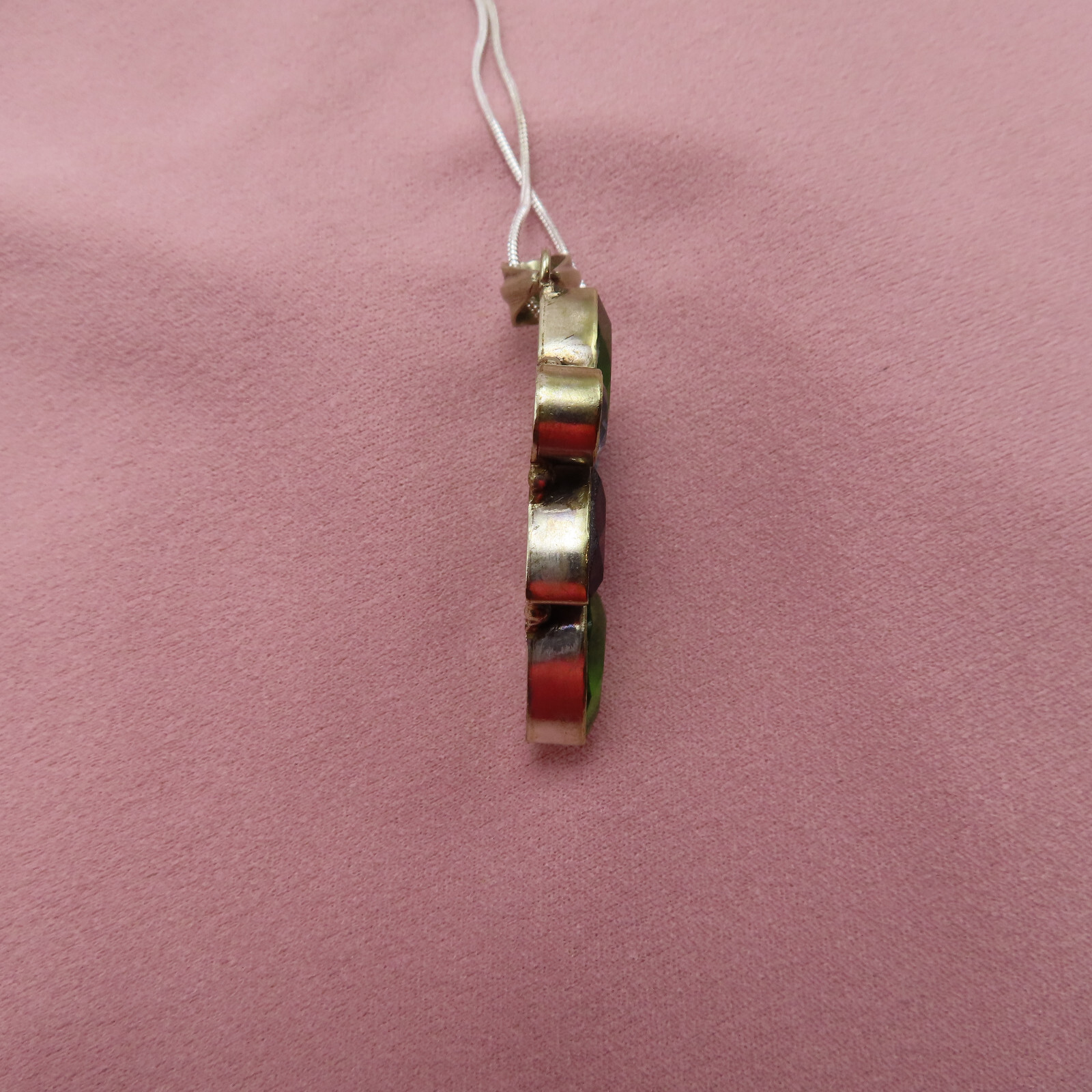 Vintage Sterling Silver Necklace 2 inch Pendant Green Purple Blue Crystal 369c