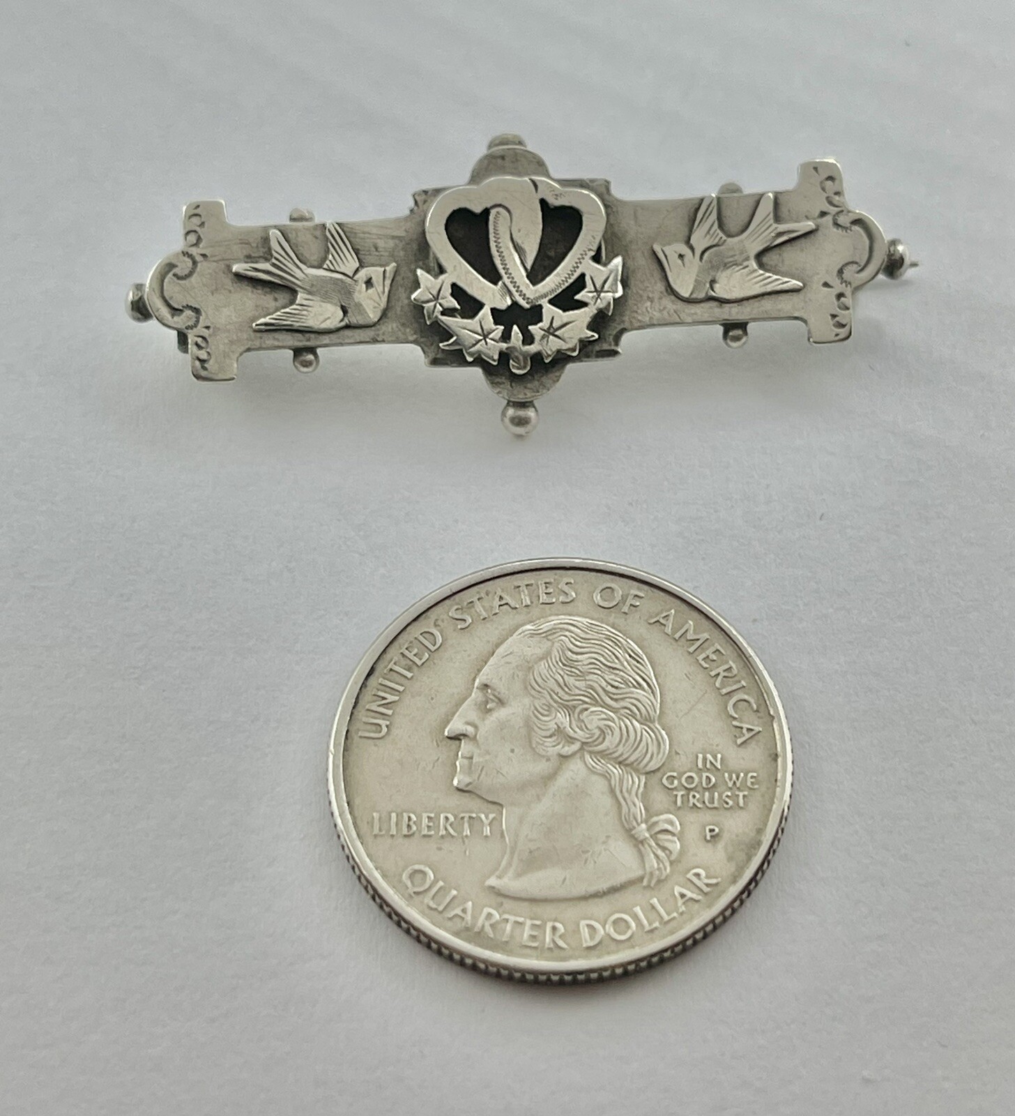 Victorian Sweetheart Love Birds & Entwined Hearts Sterling Hallmarked Brooch
