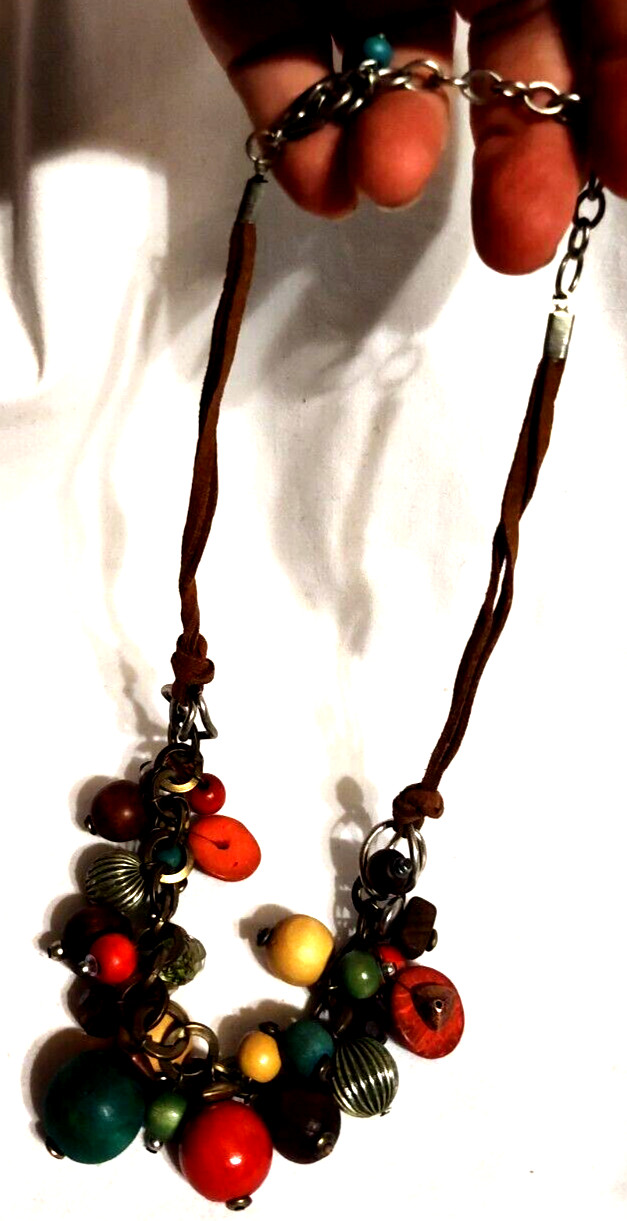 Wood Wooden 3/8″ to 3/4″ Round Beads 19″ Latigo Necklace VTG Multicolor Chunky