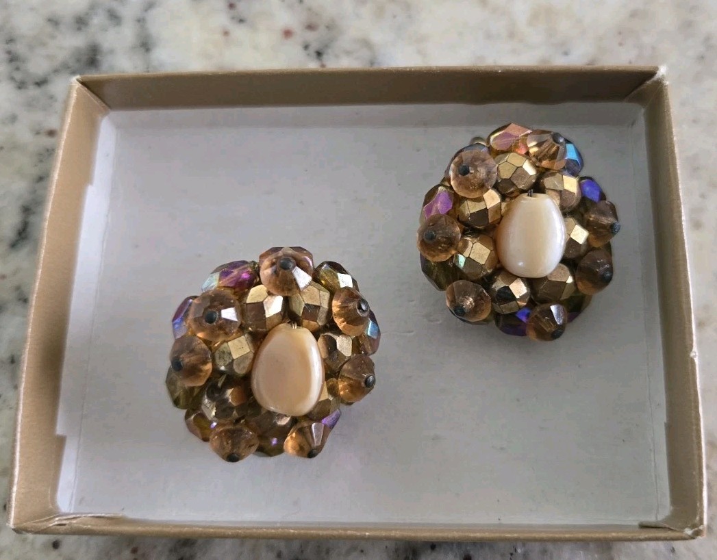 Vintage Aurora Borealis Round Cluster Earrings, Clip-On, by La Roco, MCM
