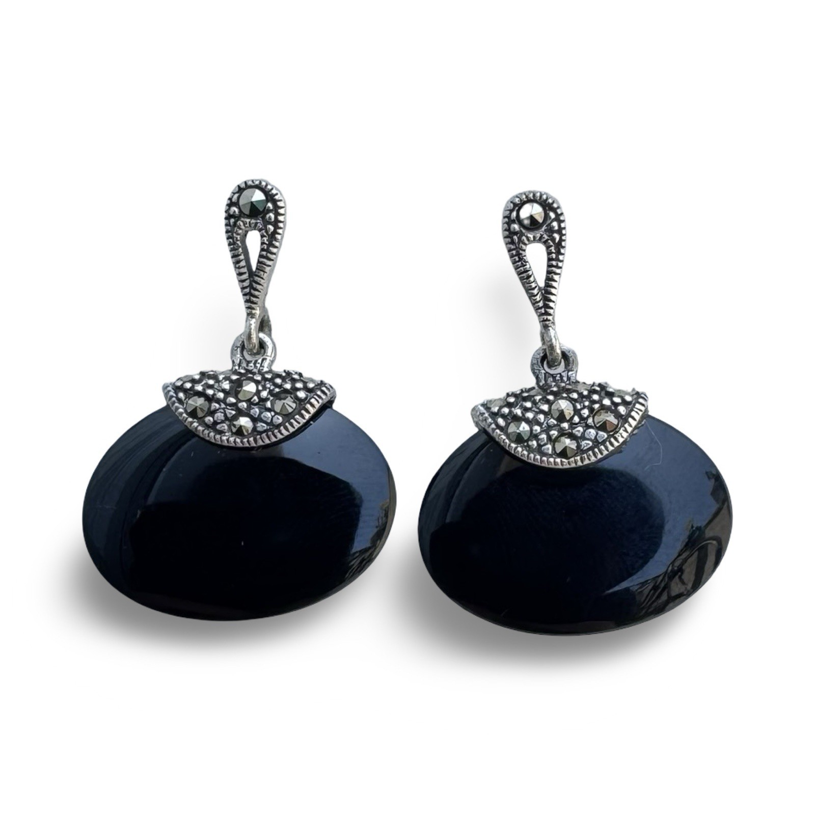Vintage 925 Sterling Silver Black Onyx Marcasite Dangle Earrings Signed R