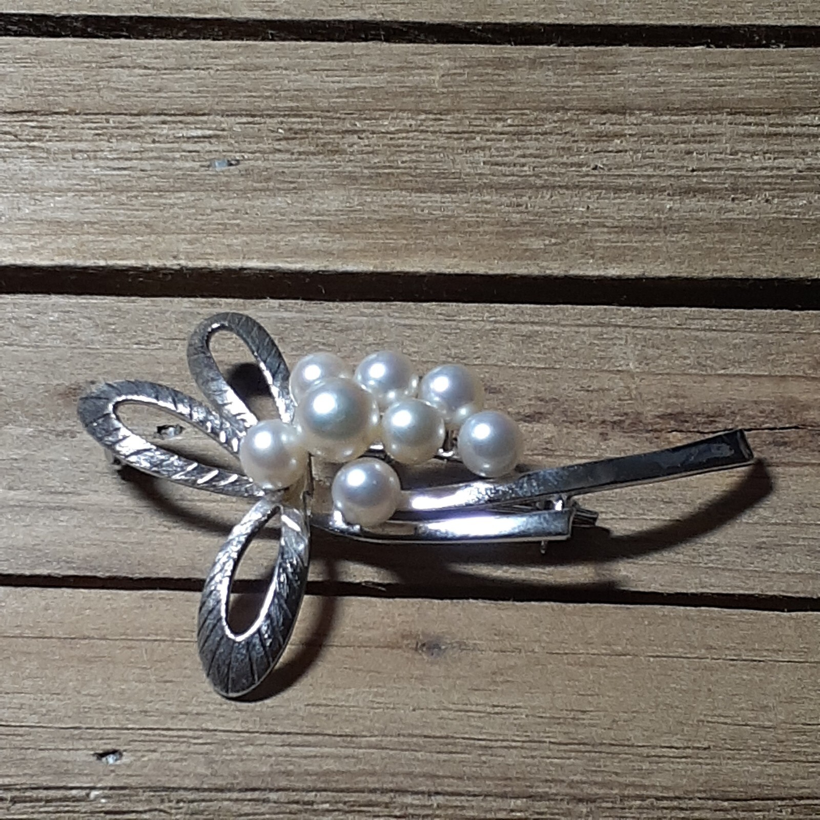 VTG Mikimoto 8 Akoya Pearl Brooch Sterling Silver Bow Signed M S Japan Gift Idea