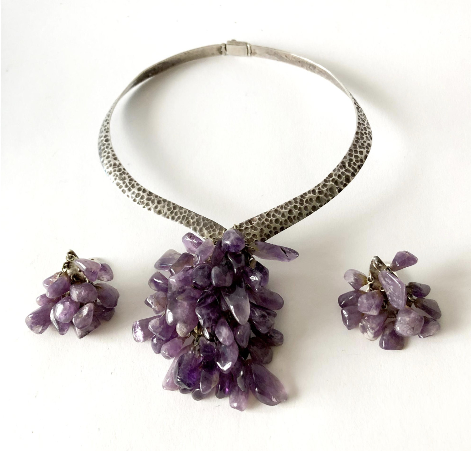 Los Castillo Sterling Silver Amethyst Mexican Modernist Necklace Earrings Set