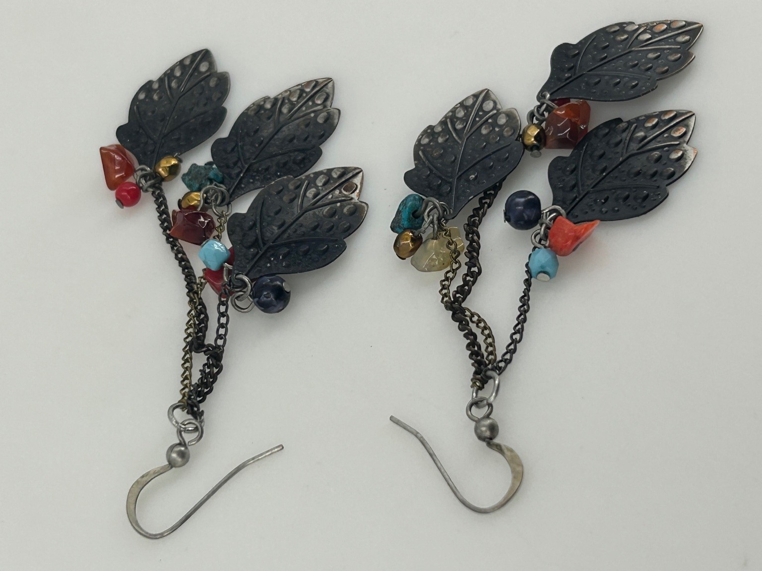 Oxidized Silver Tone Dangle Drop Earrings 3.5″ Leaf Charms Multi-Color Beads