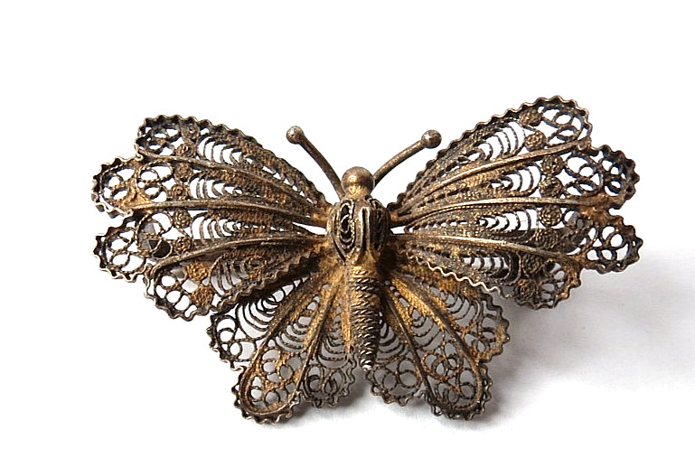 VINTAGE 800 SILVER FILIGREE BUTTERFLY PIN BROOCH 42MM WIDE