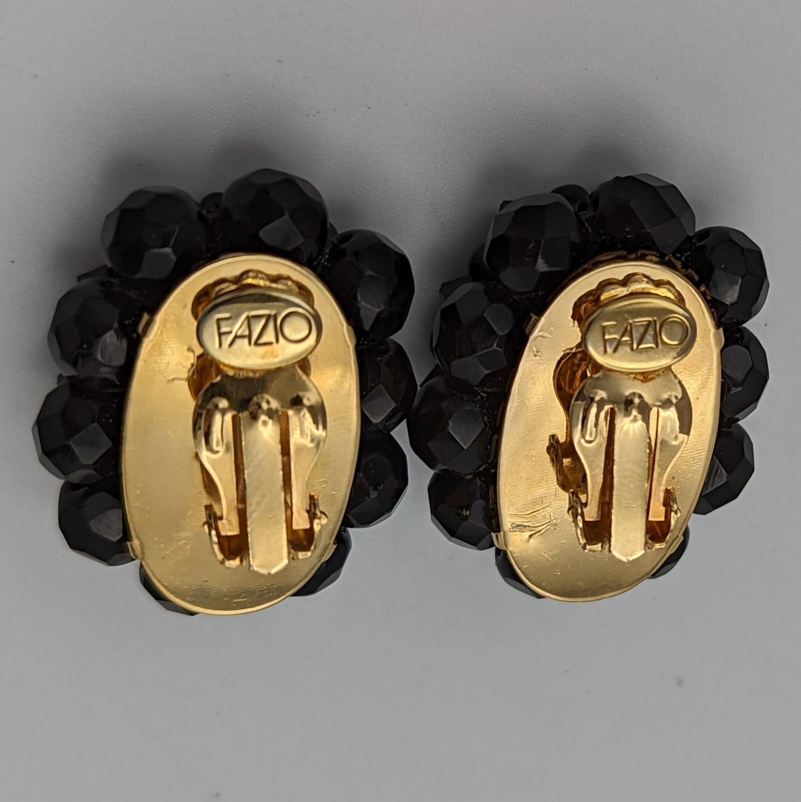 Fazio Black Glass Rhinestone Bead Clip On Earrings 1990s Oval Gold Plated