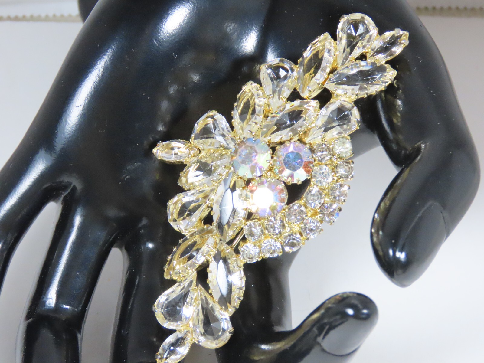 AB Rhinestone Brooch Pin VTG Clear Crystal Cluster Spray Prong Stunning D1580
