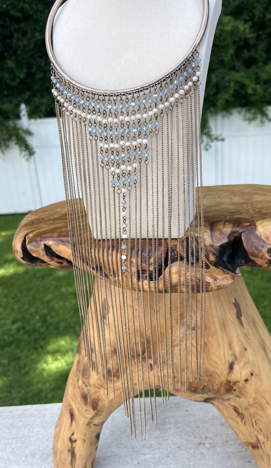 Statement Bib Necklace White Blue Crystal Beaded Fringe Tassel Collar Boho