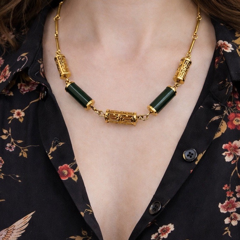 1978 Sarah Coventry Oriental Lanterns Faux Jade Gold Tone Filigree 17″ Necklace