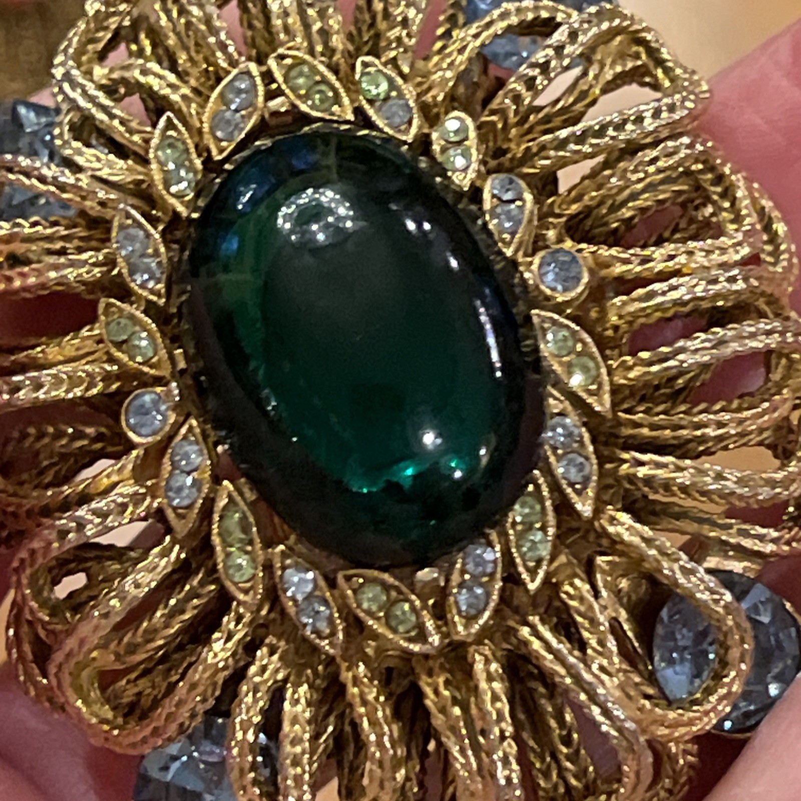 Vintage Capri Green Gripoix Glass Cabochon Blue Green Rhinestone Ornate Brooch